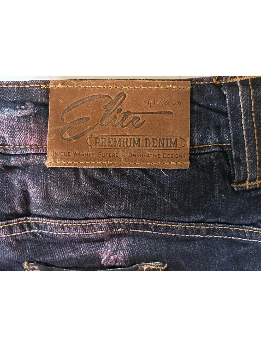 Elite Premium Denim Jeans 38x34 Distressed Dark Wash Hand Paint Cargo Pockets